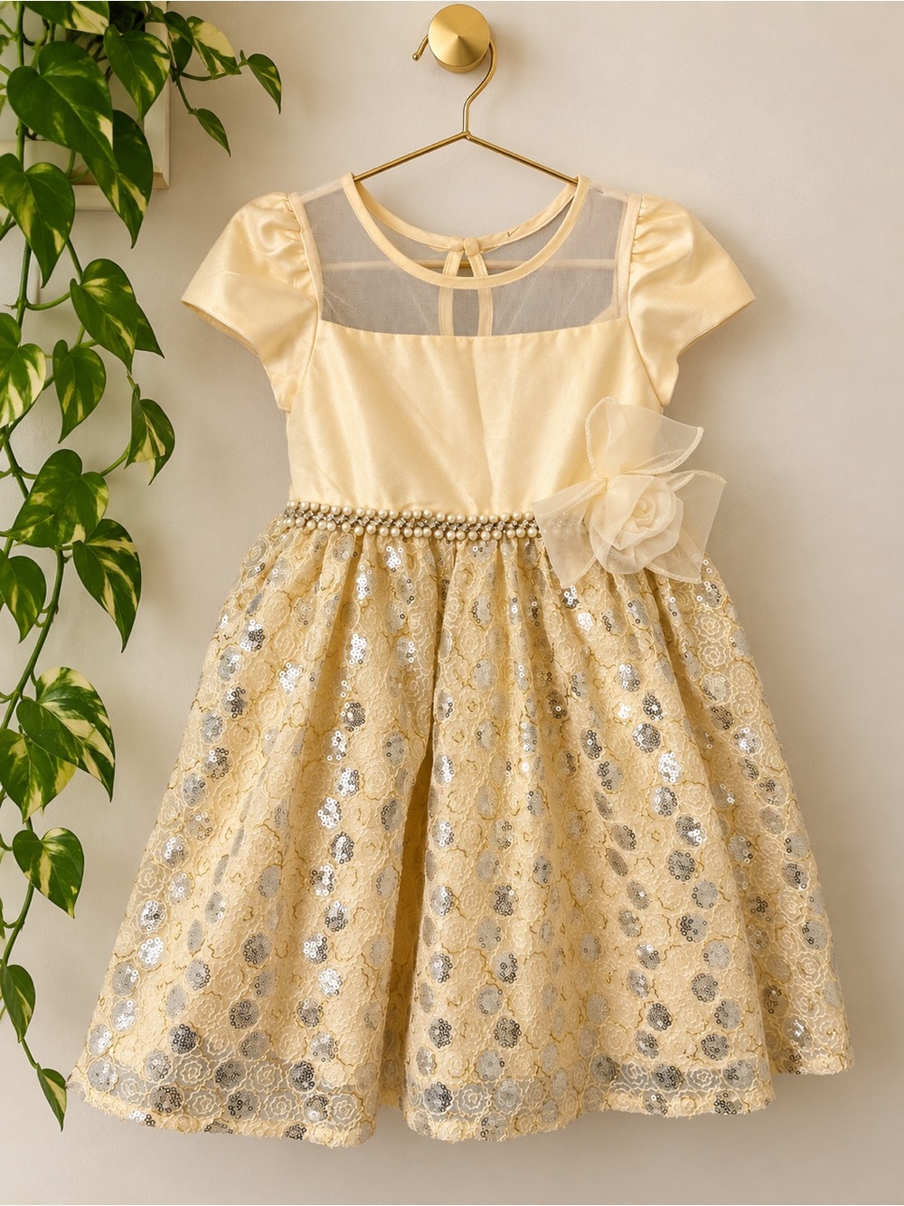 Girls' Gold Sequin Lace Party Dress with Sheer Back